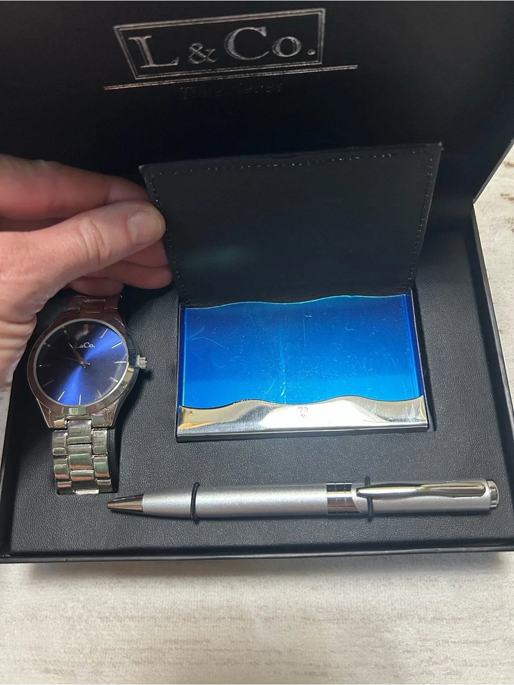 L & Co. Timepieces Men’s Watch Business Card Holder Pen Gift Set New